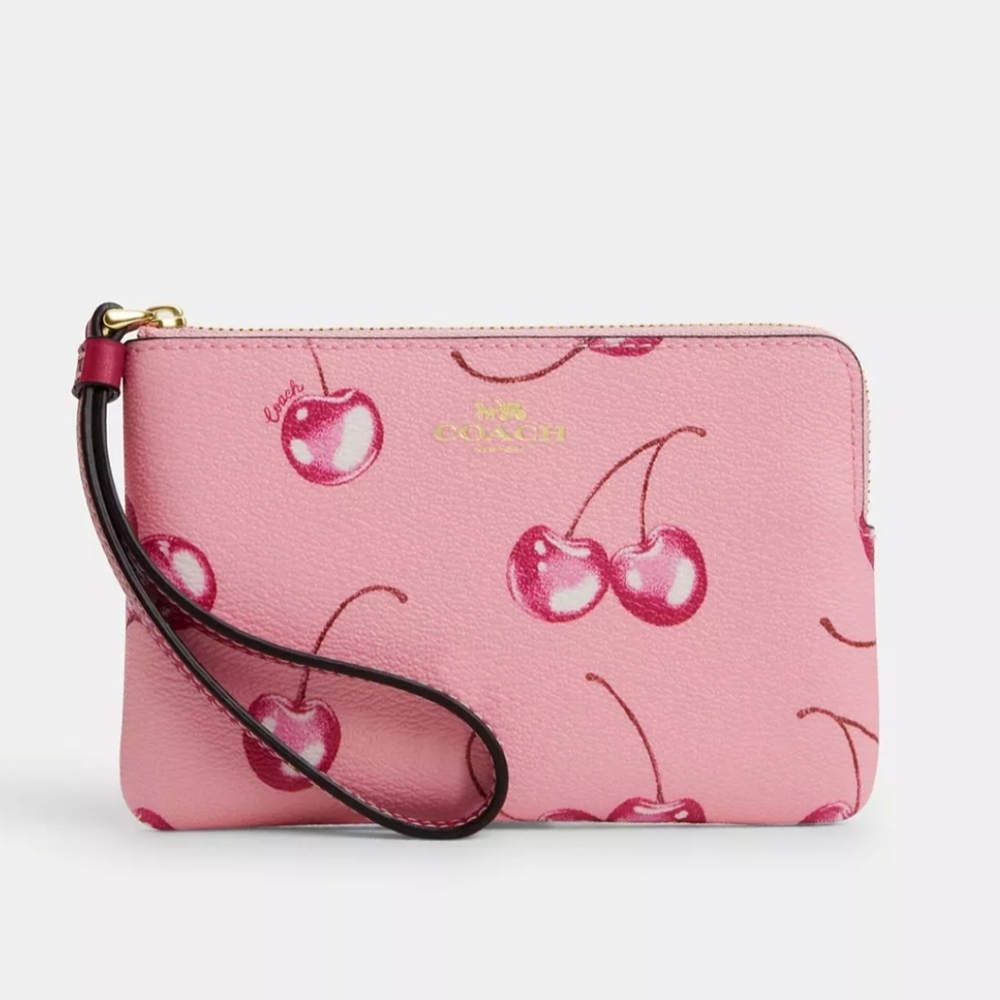 Corner Zip Wristlet With Cherry Print